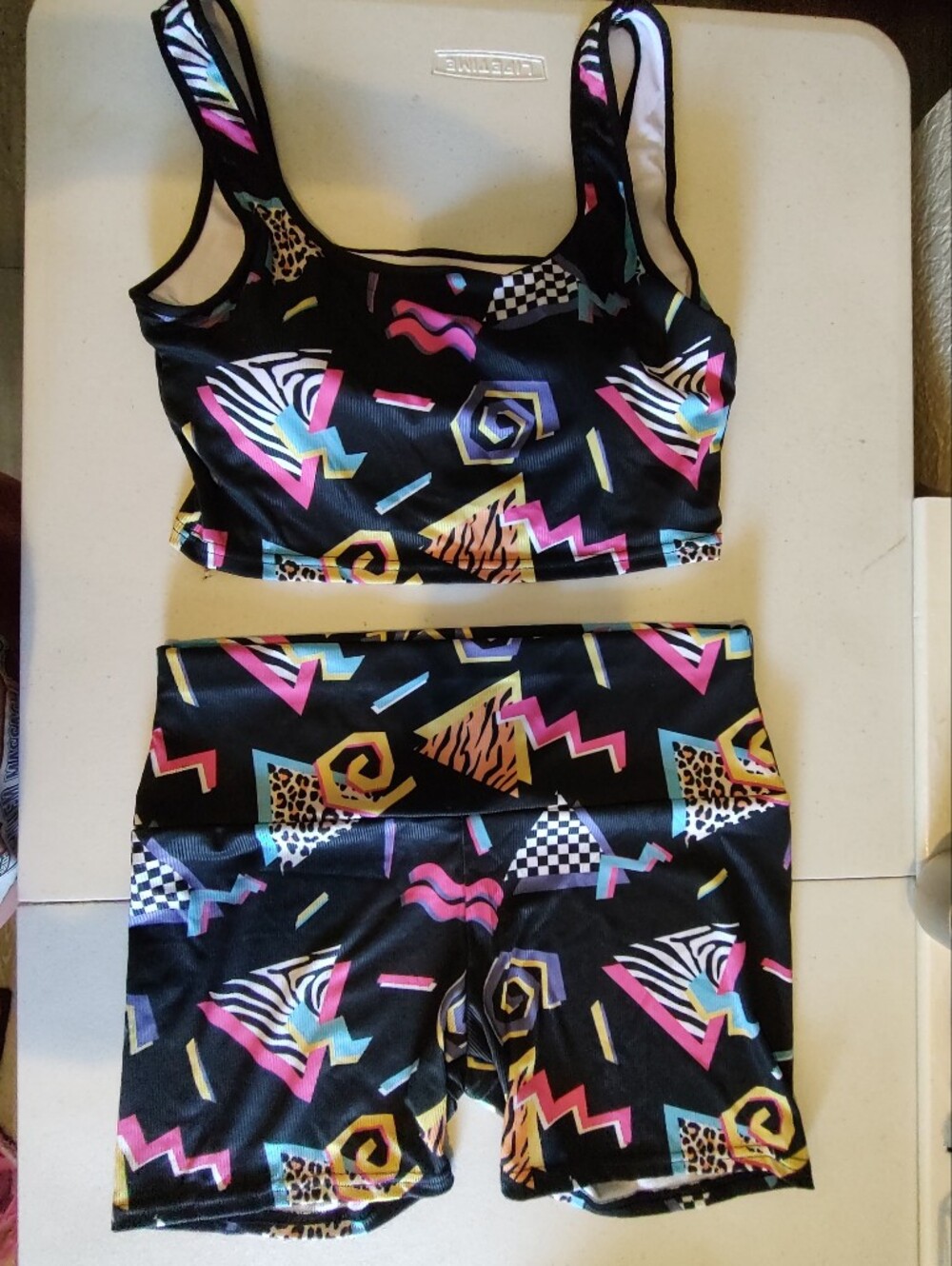 Retro 90s Style Neon Geometric Workout Set Padded Crop Bra Biker Shorts XL